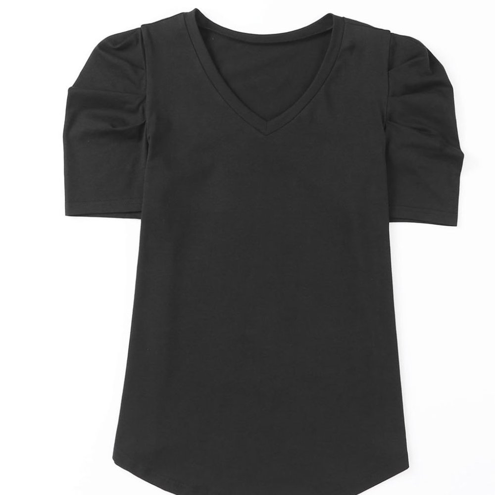 Black Puff Sleeve Casual V Neck T-Shirt - Picture 6 of 11